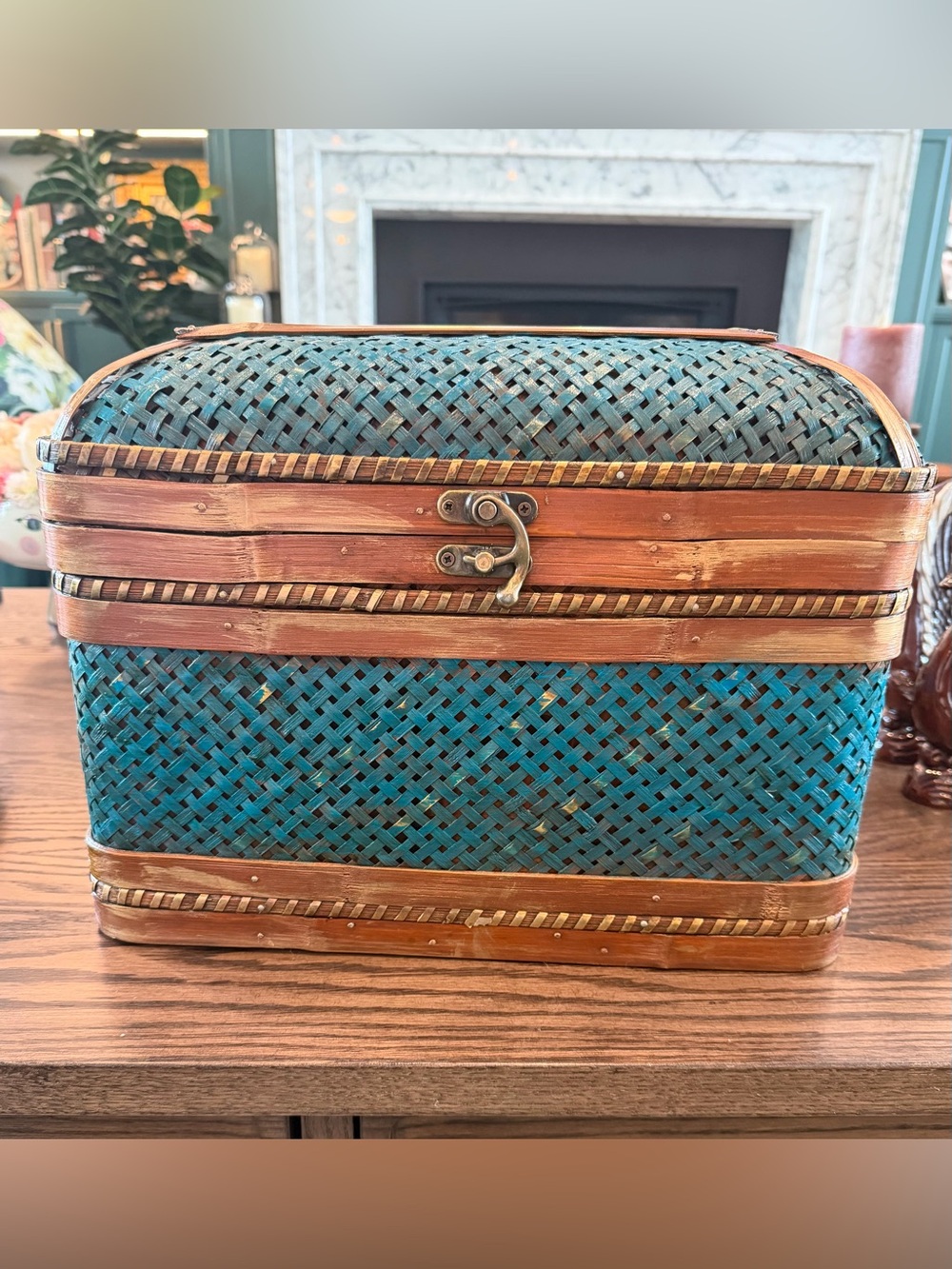 Vintage Woven Teal & Natural Rattan Basket in Teal
